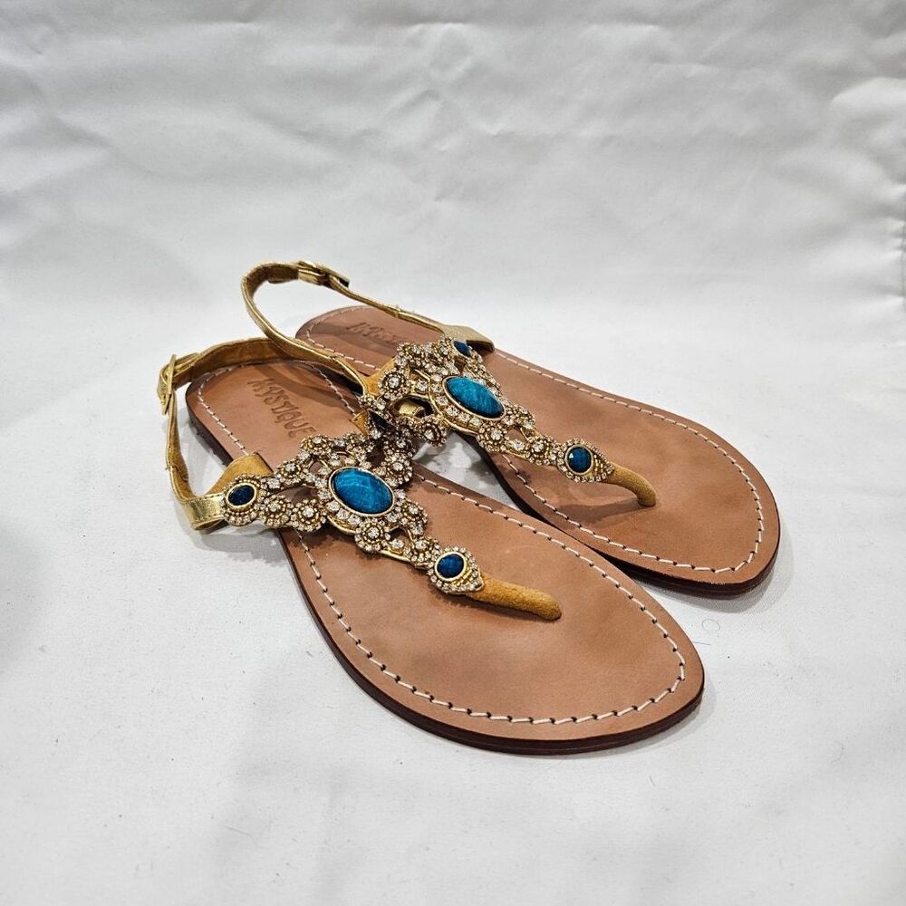 Mystique Gold Leather Jeweled Turquoise Rhinestone T-Strap Sandals Size 8 Boho